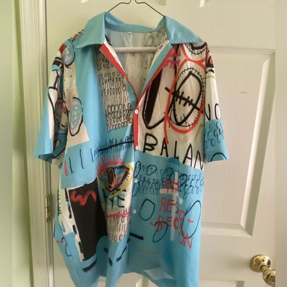 Pop Art Dress Shirt Short sleeve - Blue Black Button Down Casual Dress Shirt XL - Picture 1 of 7